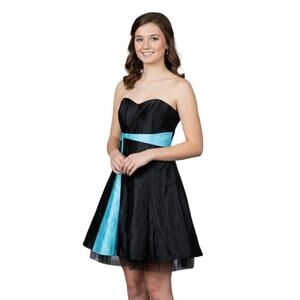 Jessica McClintock Gunne Sax Vintage Strapless Black Teal Blue Satin Dress 5/6